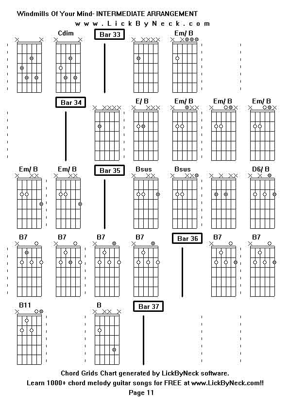 Chord Grids Chart of chord melody fingerstyle guitar song-Windmills Of Your Mind- INTERMEDIATE ARRANGEMENT,generated by LickByNeck software.